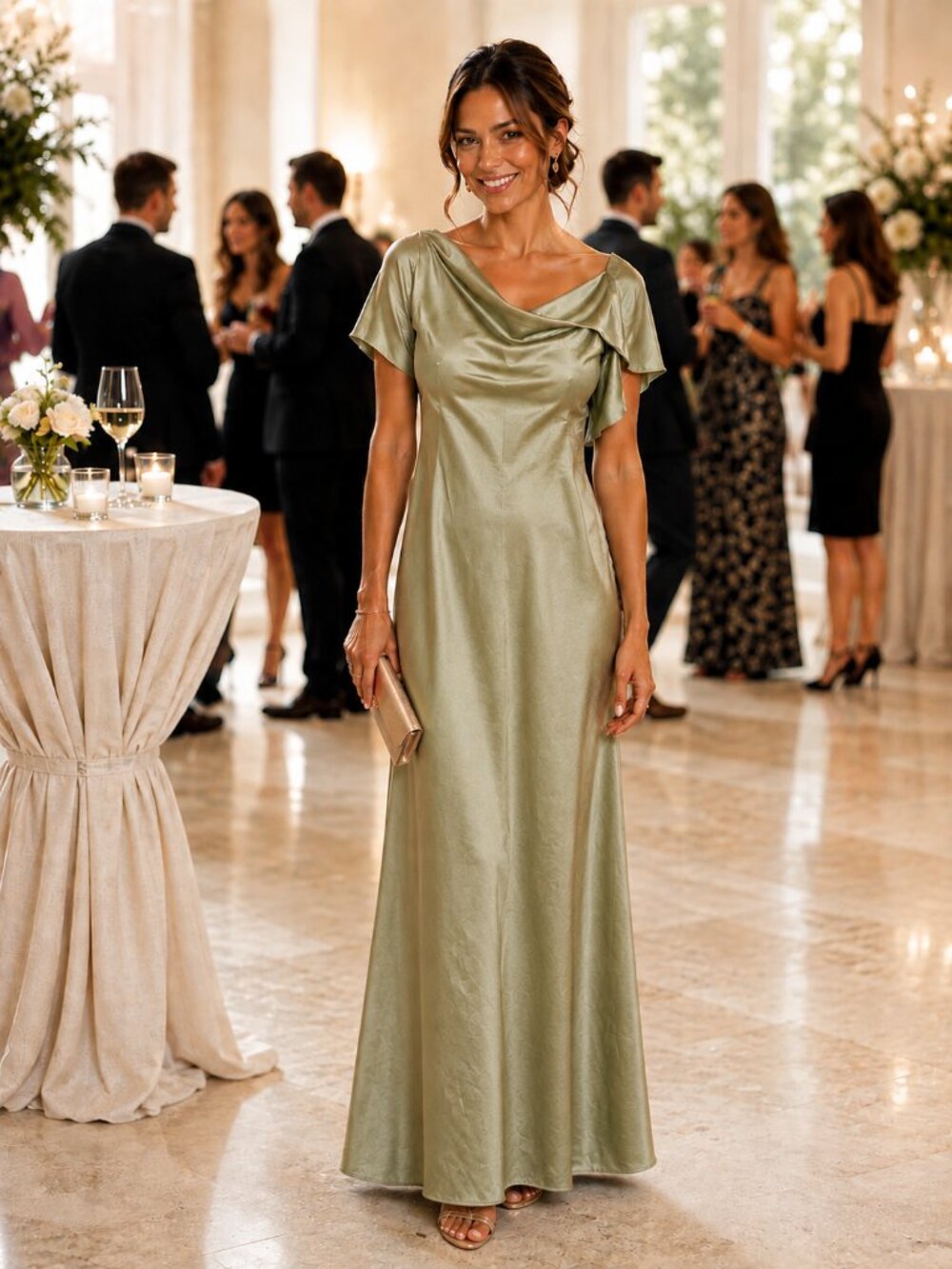 Elegant Sage Green Satin Off-Shoulder Evening Dress NWT Sz 12
